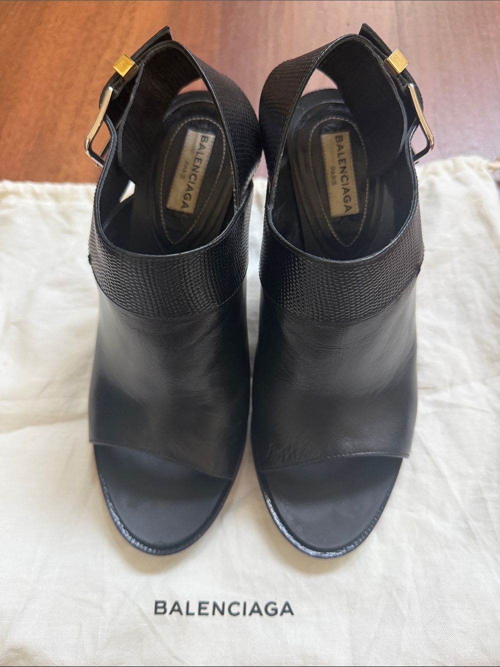 Balenciaga Black Leather Peep-Toe Ankle Strap Heels with Gold Buckle
